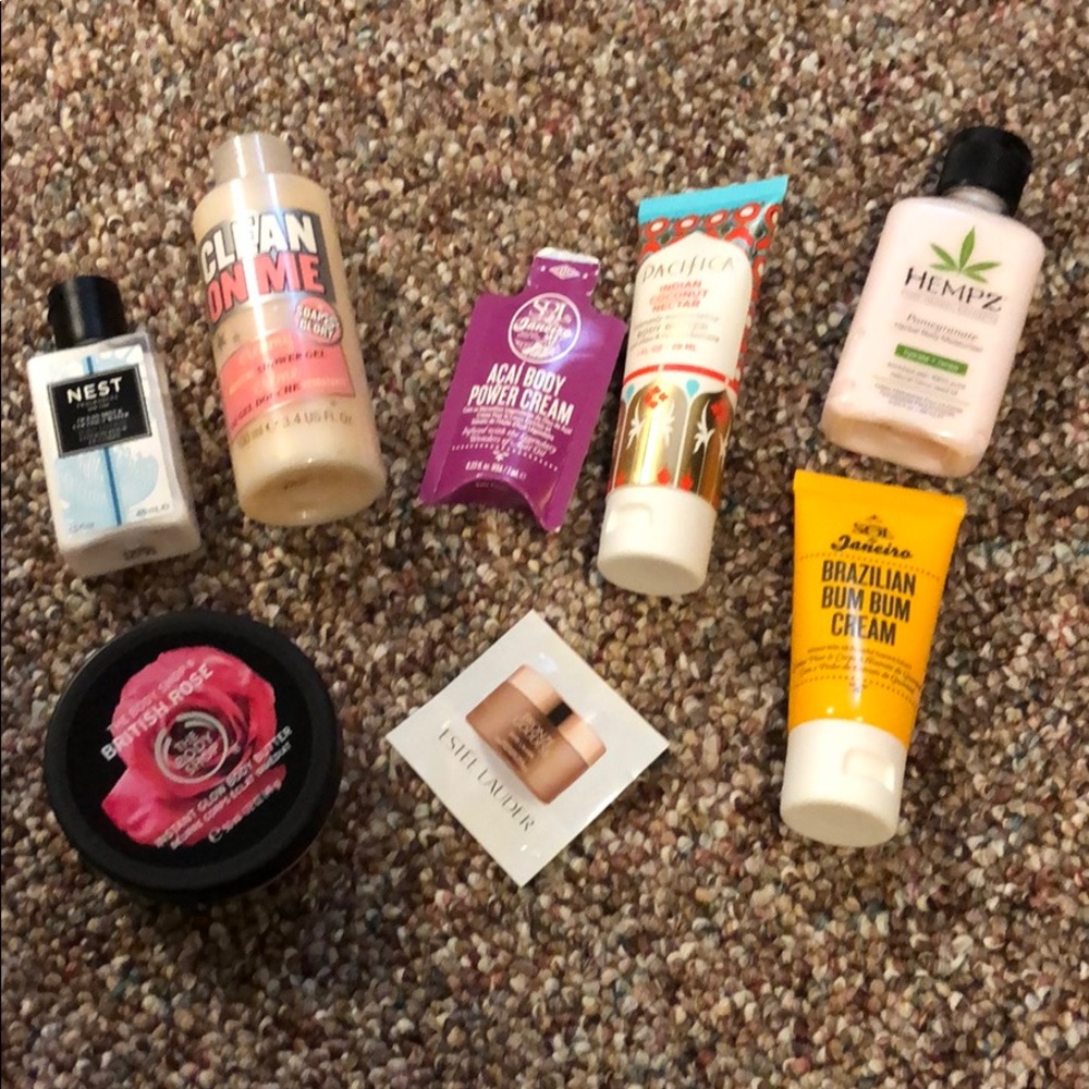 Sample bundle of shower gel, lotions, and creams